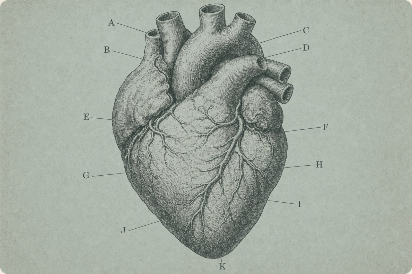 Vintage plate: the human heart, lettered A–K