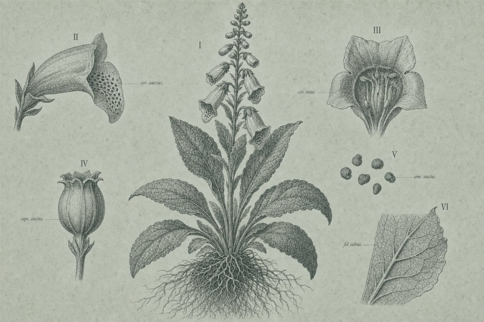 Vintage plate: flowering foxglove with root and seed studies