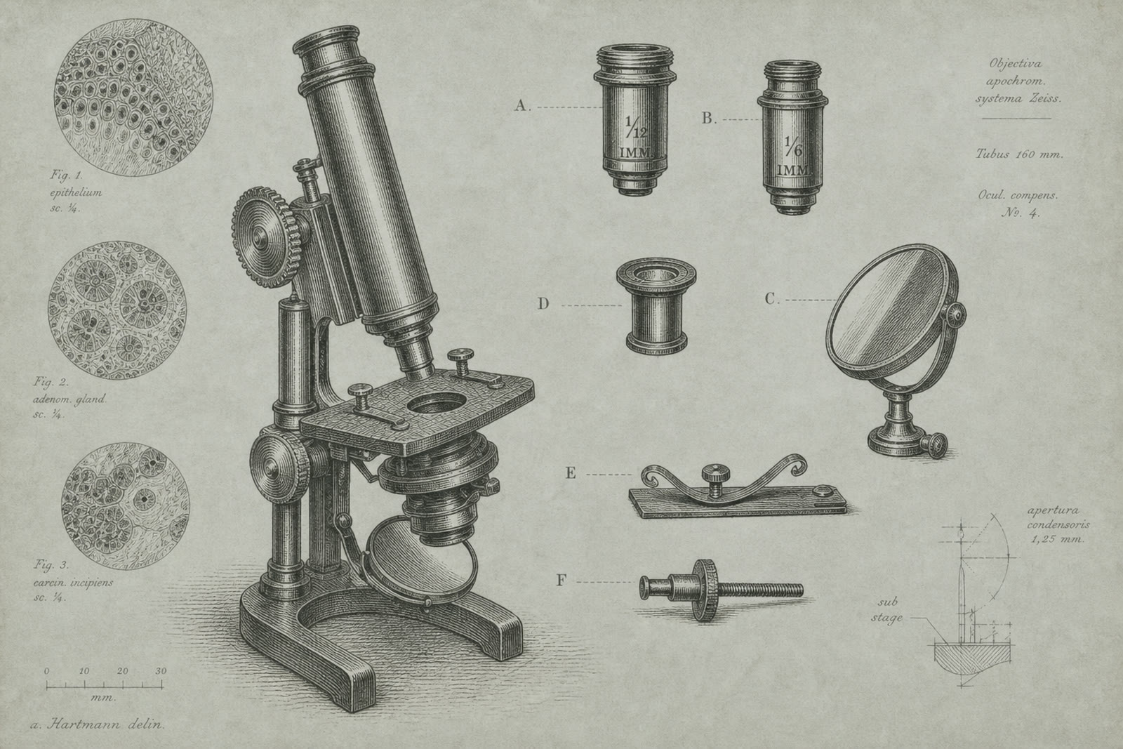 Vintage plate: a compound microscope disassembled