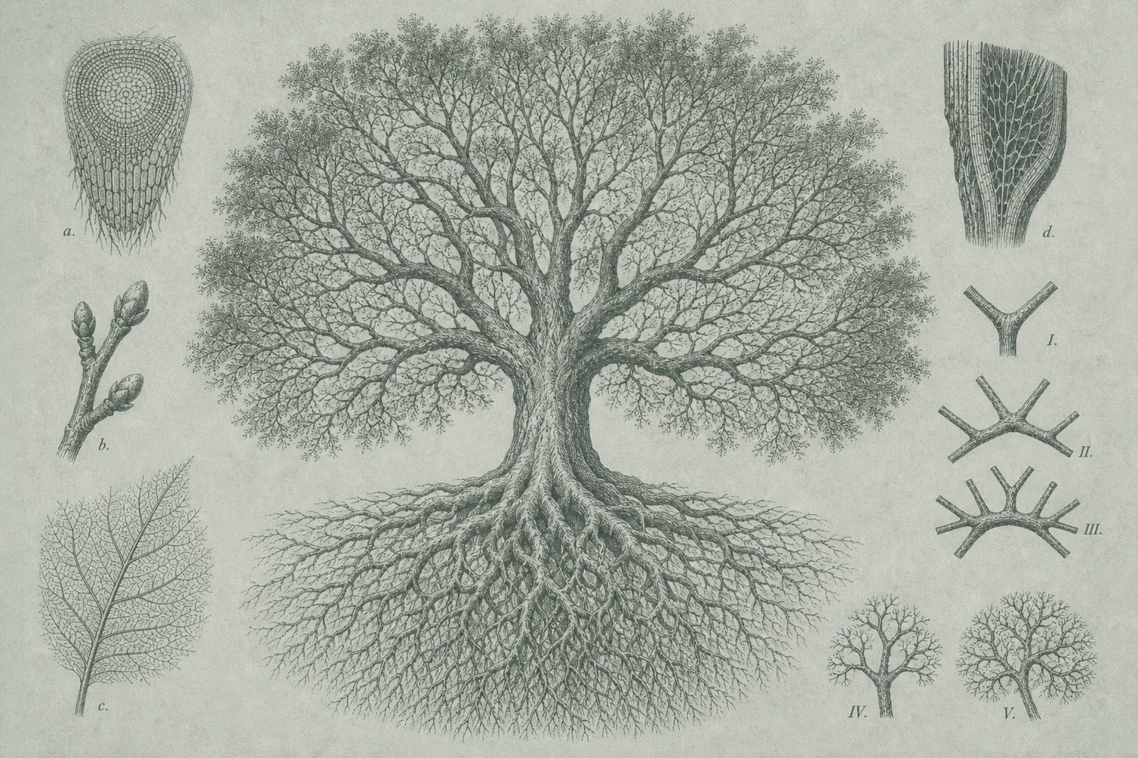 Vintage plate: a great branching tree, root to crown