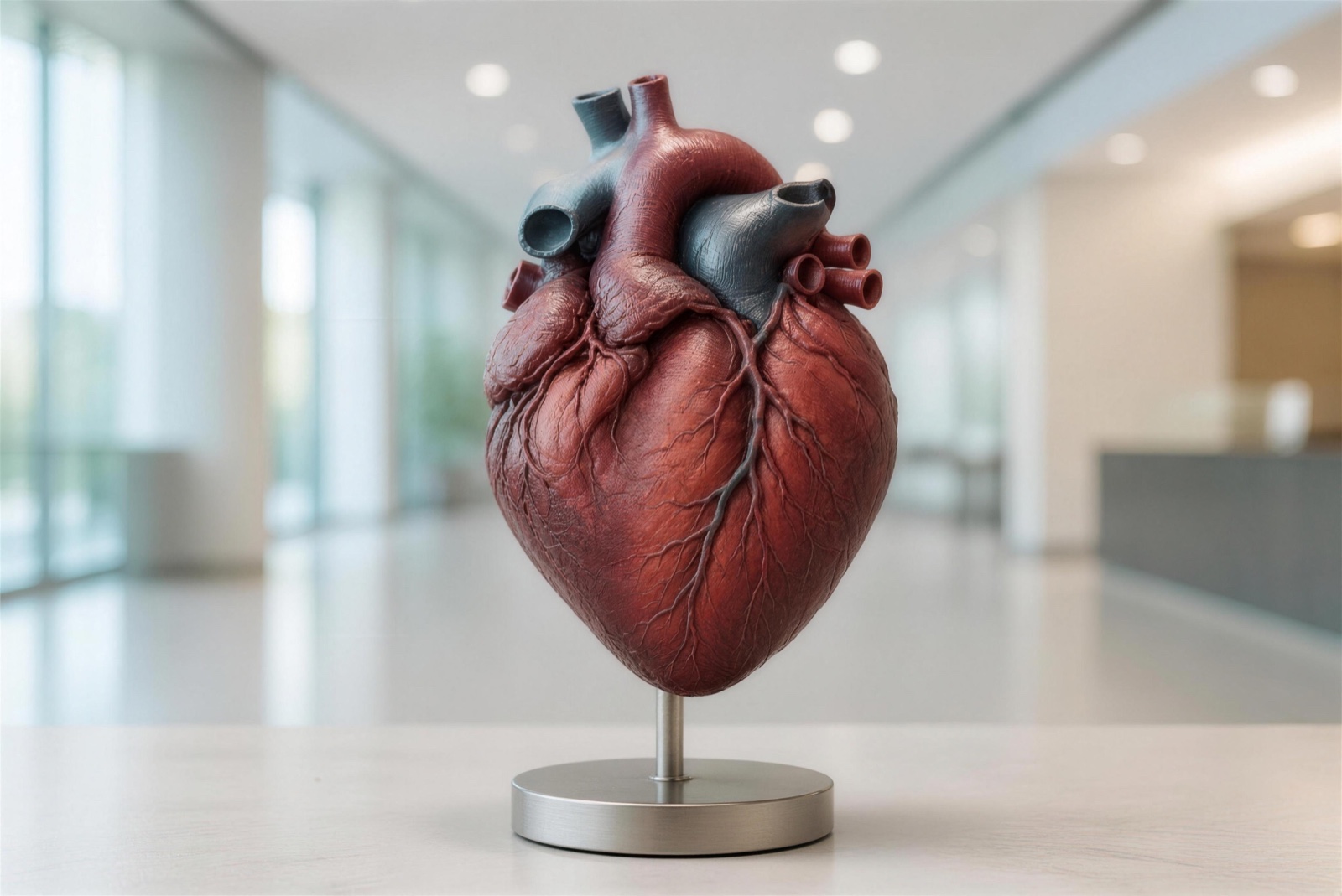 A modern anatomical heart model on a steel stand in a bright clinic corridor