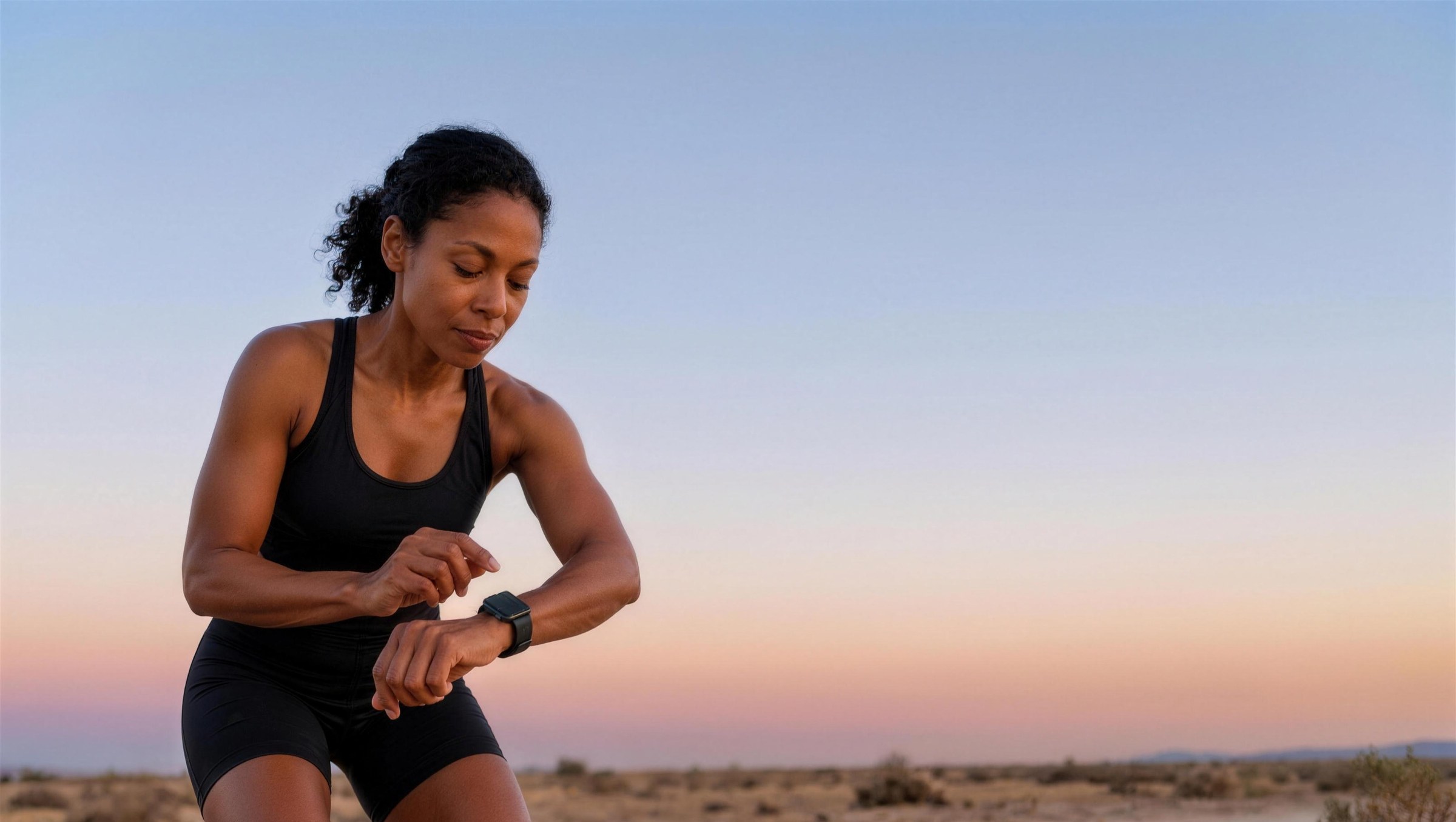 A runner checking her smartwatch under a dawn sky, about to start