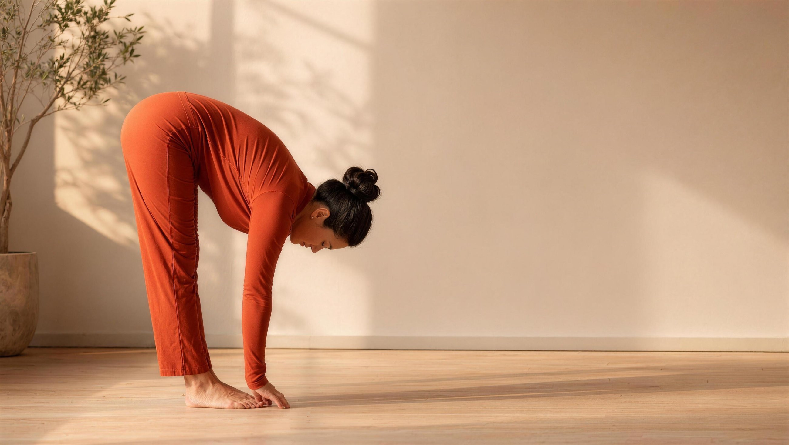A woman in terracotta activewear folding forward in warm morning light